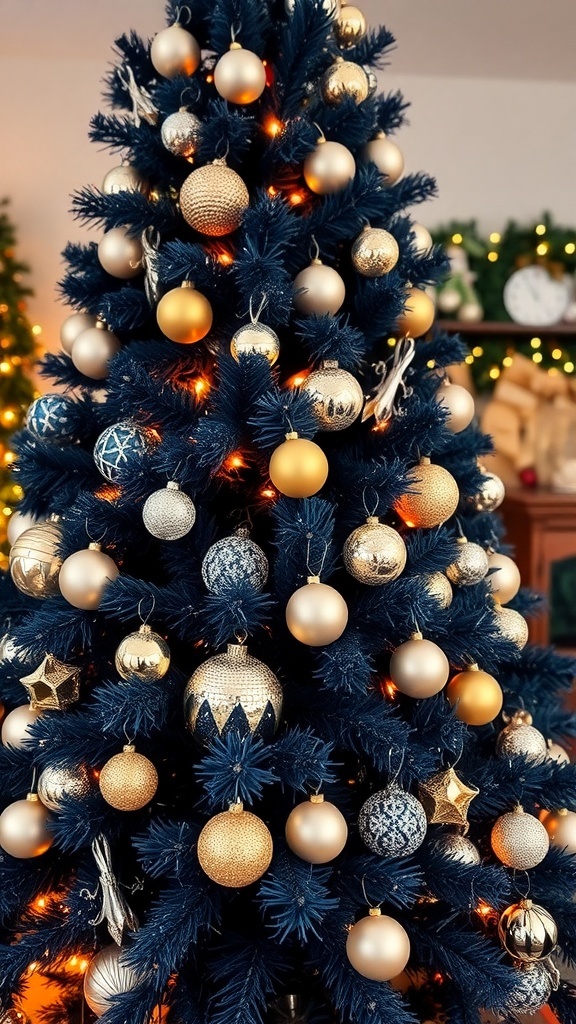 A navy blue Christmas tree decorated with silver and gold ornaments, glowing with warm white lights.